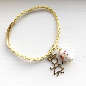 Pale yellow braided leather bead charm bracelet